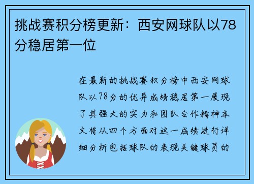 挑战赛积分榜更新：西安网球队以78分稳居第一位